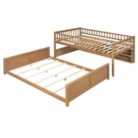 Full XL Over Queen Bunk Bed with Bulit-In Storage Shelf and Safety Rope, Useful Bed Frame with Pegboard Side Panel, 83.5" L x 62.5" W x 59" H, Brown(m-10)