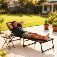 Outsunny Folding Chaise Lounge Pool Chair with 4-Position Reclining Back, Pillow, Breathable Mesh & Bungee Seat, Black(m-10)