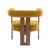 Round Arm Accent Chair with Velvet Upholstery, Curved Backrest Armchair with Solid Birch Wood Base, 31'' L x 29'' W x 30'' H, Mustard Yellow+Walnut(m-6)