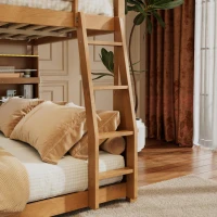 Full XL Over Queen Bunk Bed with Bulit-In Storage Shelf and Safety Rope, Useful Bed Frame with Pegboard Side Panel, 83.5" L x 62.5" W x 59" H, Brown(m-7)