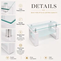Modern Glass Coffee Table with Wood-Grain MDF Legs, Minimalist Center Table with 2-Tier Storage, 34.5'' L x 18.5'' W x 17.5'' H, Transparent+White(m-4)