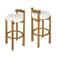 Modern Round Seat Bar Stools with Ergonomic Curved Backrest, Sherpa Padded Chairs with Integrated Footrest, 16'' L x 16.5'' W x 34'' H, Walnut+White(m-5)
