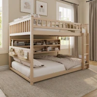 Full Over Full Bunk Bed with Convenient Storage Headboard, Unique Bed Frame with Multi-Color Light Strip, 79" L x 57.5" W x 57" H, Beige(m-1)