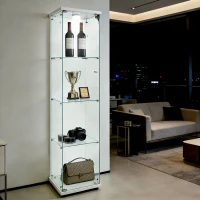 Floor-Standing Curio Bookcase with Tempered Glass Door, LED Glass Display Cabinet with Adjustable Feet, 16.5'' L x 14.5'' W x 64.5'' H, White(m-1)
