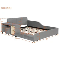 Full Size Upholstered Platform Bed with Bedside Desk and Stool, Cozy Bed Frame with Streamlined Structure, 79.5" L x 68" W x 28" H, Gray(m-3)