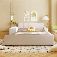 Full Size Upholstered Platform Bed with Bedside Desk and Round Stool, Cozy Bed Frame with Streamlined Structure, 79.5" L x 68" W x 28" H, Beige(m-6)