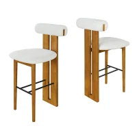 Indoor Modern Bar Stools Set of 2 with Rubber Wood Frame, Fixed Non-Swivel Bar Chairs with Sturdy Metal Footrest, 19'' L x 23'' W x 43'' H, Ivory+Walnut(m-5)