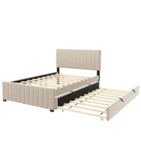 Space-Saving Full Size Upholstered Platform Bed with Twin-Size Trundle, Solid Bed Frame with 10 Reinforced Slats, 80" L x 58" W x 46" H, Beige(m-6)