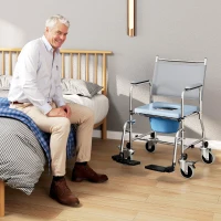 HOMCOM Rolling Shower Chair, Bedside Commode Wheelchair with Padded Seat, Backrest, for Seniors, Disabled, 300 lbs, Grey(m-1)
