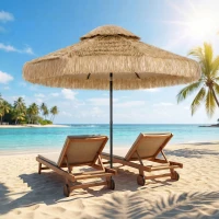 Outsunny 8.5 FT Hula Thatched Tiki Patio Umbrella, 2-Tier Tropical Hawaiian Style Outdoor Umbrella with 8 Ribs, UPF30+, Khaki(m-2)