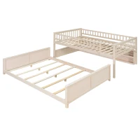 Full XL Over Queen Bunk Bed with Built-In Storage Shelf and Safety Rope, Useful Bed Frame with Pegboard Side Panel, 83.5" L x 62.5" W x 59" H, Beige(m-12)