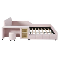 Full Size Upholstered Platform Bed with Bedside Desk and Stool, Cozy Bed Frame with Streamlined Structure, 79.5" L x 68" W x 28" H, Pink(m-5)