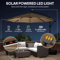 Outsunny 10 ft Cantilever Patio Umbrella with Light, Weight, Offset Hanging Outdoor Umbrella with Protective Cover, Tan(m-4)