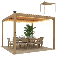Outsunny 10' x 10' Louvered Pergola with Solar LED lights, Metal Roof, Outdoor Pergola Patio Gazebo with Drainage Gutters, Brown(m-1)