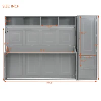 Space-Saving Full Size Murphy Wall Bed with Integrated Shelf, Customizable Bed Frame with Closet and 2 Drawers, 107.5" L x 58" W x 72" H, Gray(m-3)