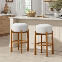 Round Bar Stool Set of 2 with Padded Upholstered Seat, Non-Swivel Bar Chairs with Ivory Upholstered Cushion, 19.5'' L x 19.5'' W x 30'' H, Ivory+Walnut(m-1)