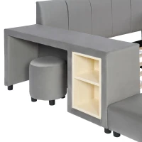 Full Size Upholstered Platform Bed with Bedside Desk and Stool, Cozy Bed Frame with Streamlined Structure, 79.5" L x 68" W x 28" H, Gray(m-10)
