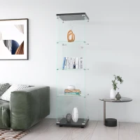 Glass Display Cabinet with Adjustable Feet and Safety Bumpers, Floor-Standing Curio Bookshelf with Tempered Glass, 16.5'' L x 14.5'' W x 64.5'' H, Black(m-4)