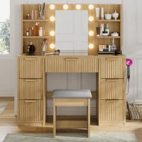 Spacious Makeup Vanity Desk with 3 Shelves and 7 Drawers, Functional Makeup Vanity with LED Mirror, 47" L x 15.5" W x 53.5" H, Natural Wood(m-7)