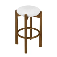 Indoor Bar Stools with Solid Rubberwood Frame, Non-Swivel Bar Chairs with Upholstered Round Seat, 19.5'' L x 19.5'' W x 30'' H, Ivory+Walnut(m-5)