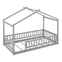 Comfortable Twin House Bed Frame with Roof and Fence, Sturdy Pinewood Platform Bed with Semi-enclosed Space, 79.5" L x 41.5" W x 63" H, Walnut(m-5)