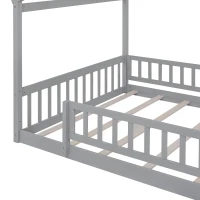 Full Size Wood House Bed with Roof and Fence, Sturdy Pinewood Bed Frame for Kids and Teens, 79.5" L x 57" W x 63" H, Gray(m-9)