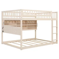Full Over Full Bunk Bed with Convenient Storage Headboard, Unique Bed Frame with Multi-Color Light Strip, 79" L x 57.5" W x 57" H, Beige(m-11)