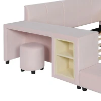 Queen-Size Upholstered Platform Bed with Bedside Desk and Stool, Cozy Bed Frame with Streamlined Structure, 84.5" L x 74" W x 28" H, Pink(m-9)