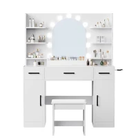 Large Makeup Vanity Desk with 6 Open Shelves and 3 Drawers, Functional Makeup Vanity with Dimmable LED Mirror, 44.5" L x 14" W x 55" H, White(m-2)