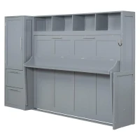 Queen Size Murphy Wall Bed with Storage Shelf, Space‑Saving Bed Frame with Integrated Closet and 2 Drawers, 112" L x 65" W x 78.5" H, Gray(m-7)