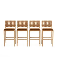 Modern Bar Stools with Hand‑Woven PU Back, Strap-Back Bar Chairs with Padded PU Seat, 18'' L x 21.5'' W x 40.5'' H, Brown+Natural(m-4)