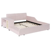 Full Size Upholstered Platform Bed with Bedside Desk and Stool, Cozy Bed Frame with Streamlined Structure, 79.5" L x 68" W x 28" H, Pink(m-6)