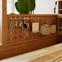 Twin XL Over Queen Bunk Bed with Built-In Storage Shelf and Safety Rope, Useful Bed Frame with Pegboard Side Panel, 83.5" L x 62.5" W x 59" H, Brown(m-6)