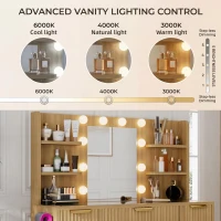 Spacious Makeup Vanity Desk with 3 Shelves and 7 Drawers, Functional Makeup Vanity with LED Mirror, 47" L x 15.5" W x 53.5" H, Natural Wood(m-5)
