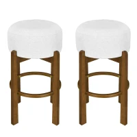 Indoor Round Seat Bar Stools with Solid Rubberwood Frame, Non-Swivel Bar Chairs with Padded Upholstered Seat, 19.5'' L x 19.5'' W x 30'' H, Ivory+Walnut(m-4)
