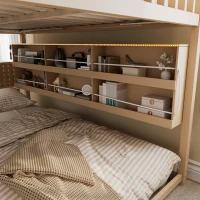 Full Over Full Bunk Bed with Convenient Storage Headboard, Unique Bed Frame with Multi-Color Light Strip, 79" L x 57.5" W x 57" H, Beige(m-9)