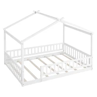 Full Size Wood House Bed with Roof and Fence, Sturdy Pinewood Bed Frame for Kids and Teens, 79.5" L x 57" W x 63" H, White(m-6)