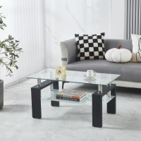 Modern 2-Tier Glass Coffee Table with Double-Layer Clear Top, Space-Saving Center Table with Sturdy Supporting Legs, 34.5'' L x 19'' W x 16.5'' H, Black(m-1)