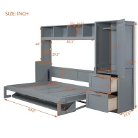 Queen Size Murphy Wall Bed with Storage Shelf, Space‑Saving Bed Frame with Integrated Closet and 2 Drawers, 112" L x 65" W x 78.5" H, Gray(m-4)