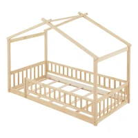 Comfortable Twin House Bed Frame with Roof and Fence, Sturdy Pinewood Platform Bed with Semi-enclosed Space, 79.5" L x 42" W x 63" H, Natural(m-5)