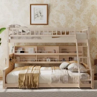 Twin XL Over Queen Bunk Bed with Built-In Storage Shelf and Safety Rope, Useful Bed Frame with Pegboard Side Panel, 83.5" L x 62.5" W x 59" H, Beige(m-4)