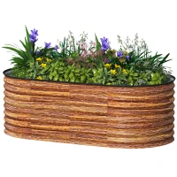 Outsunny 5 x 2.5 x 2 ft Galvanized Raised Garden Bed, Easy DIY Oval Planter Box with Safety Edging and Gloves, Brown Wood Effect(m-2)
