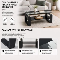 Modern Glass Coffee Table with Wood-Grain MDF Legs, Minimalist Center Table with 2-Tier Storage, 34.5'' L x 18.5'' W x 17.5'' H, Black(m-6)