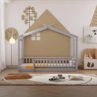 Comfortable Twin House Bed Frame with Roof and Fence, Sturdy Pinewood Platform Bed with Semi-Enclosed Space, 79.5" L x 42" W x 63" H, Gray(m-4)