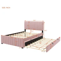 Space-Saving Full Size Upholstered Platform Bed with Twin-Size Trundle, Solid Bed Frame with 10 Reinforced Slats, 80" L x 58" W x 46" H, Pink(m-3)