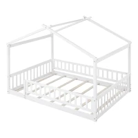 Full Size Wood House Bed with Roof and Fence, Sturdy Pinewood Bed Frame for Kids and Teens, 79.5" L x 57" W x 63" H, White(m-5)