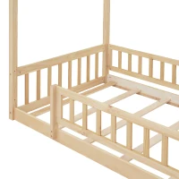 Comfortable Twin House Bed Frame with Roof and Fence, Sturdy Pinewood Platform Bed with Semi-enclosed Space, 79.5" L x 42" W x 63" H, Natural(m-9)