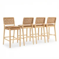 Modern Bar Stools with Hand‑Woven PU Back, Strap-Back Bar Chairs with Padded PU Seat, 18'' L x 21.5'' W x 40.5'' H, Brown+Natural(m-5)