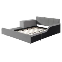 Full Size Upholstered Platform Bed with Bedside Desk and Stool, Cozy Bed Frame with Streamlined Structure, 79.5" L x 68" W x 28" H, Gray(m-8)