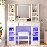 Aesthetic Makeup Vanity Desk with LED Mirror and Adjustable RGB Lights, Spacious Makeup Vanity with 6 Drawers, 44.5" L x 15.5" W x 55" H, White(m-8)
